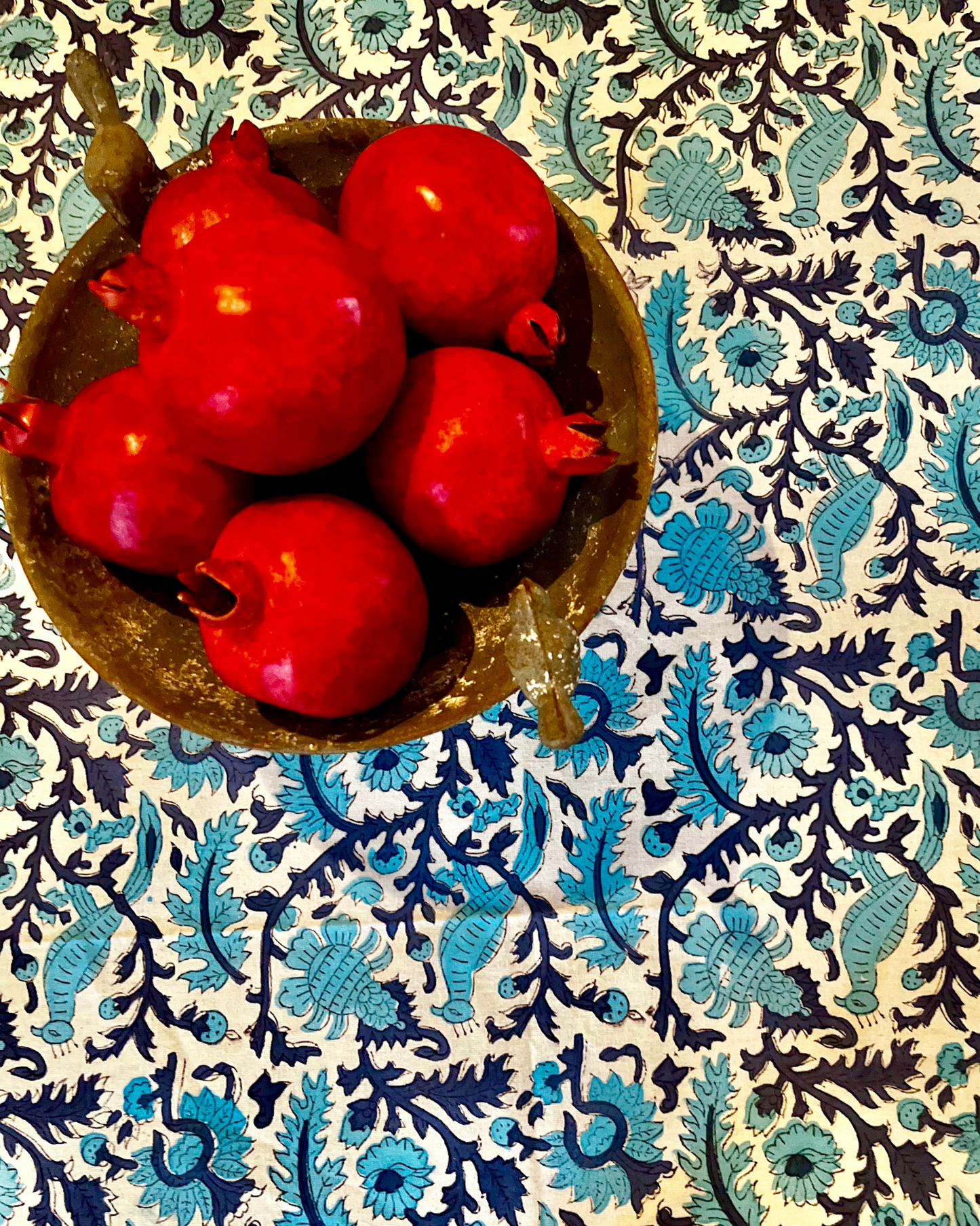 Hand Block Printed Tablecloths Turquoise Peacocks