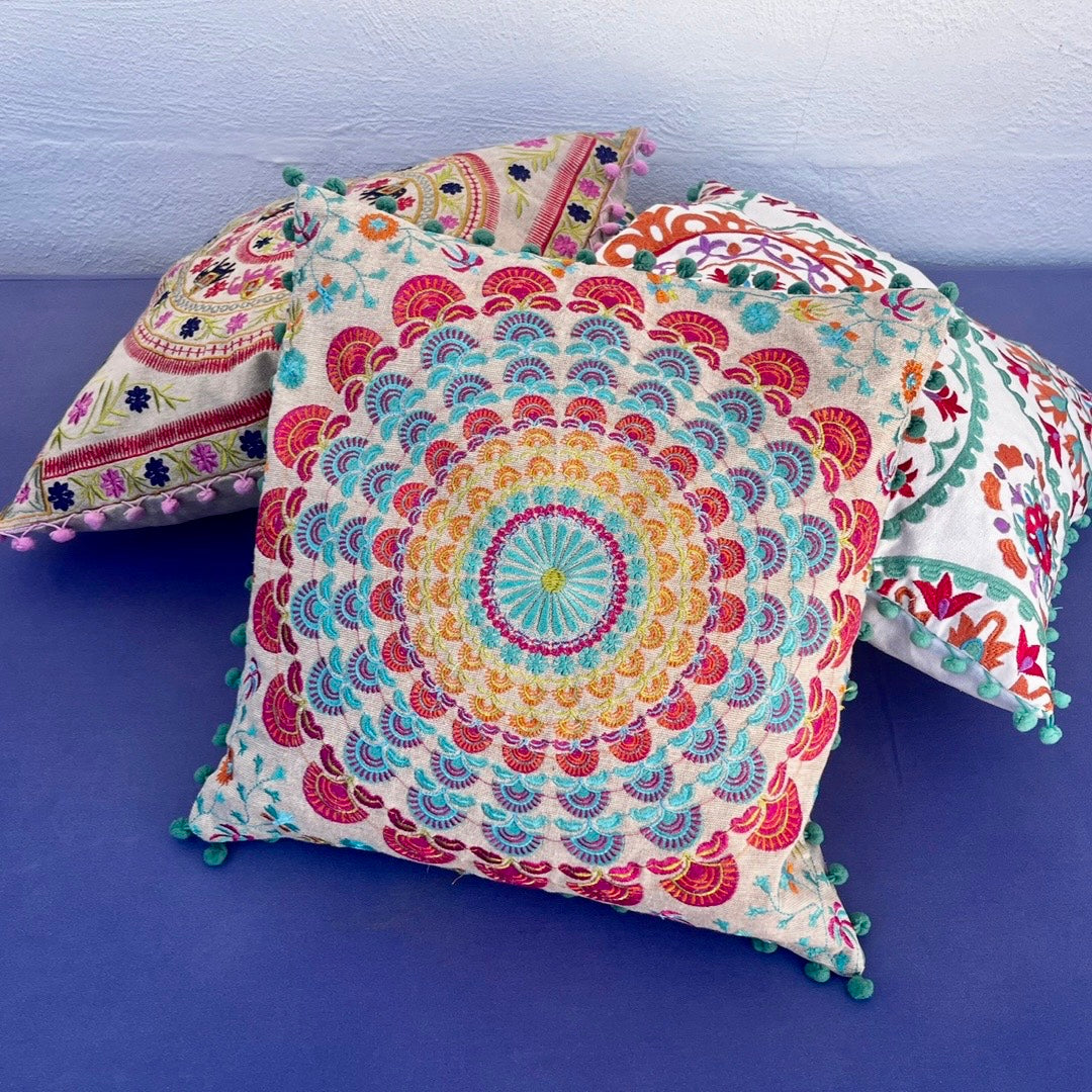 Embroidered Suzani Pom Pom Cushion Cover - Turquoise fans
