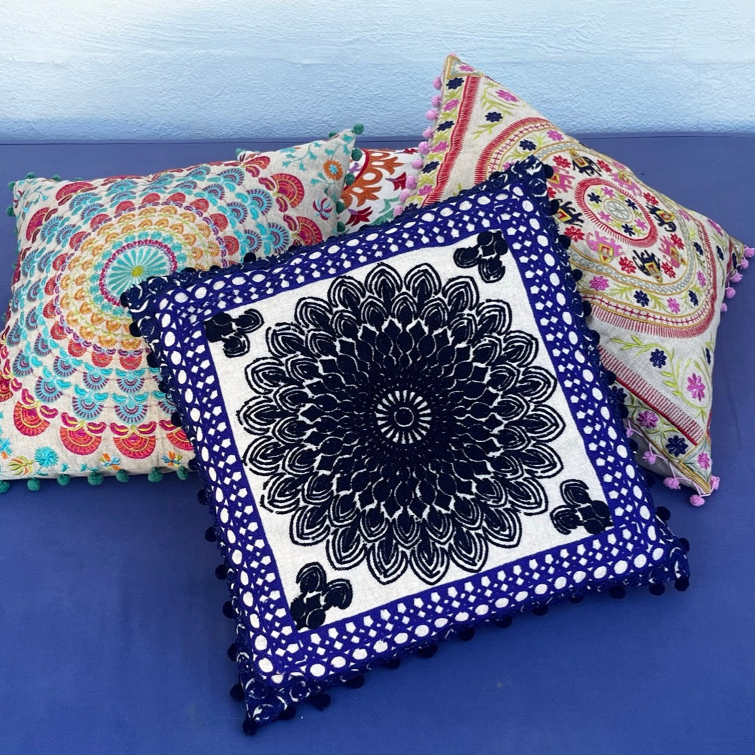 Embroidered Suzani Pom Pom Cushion Cover - Royal Blue