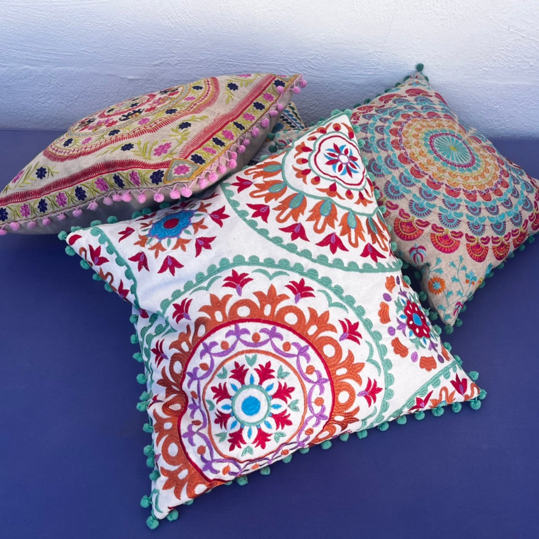 Embroidered Suzani Pom Pom Cushion Cover - Tulips