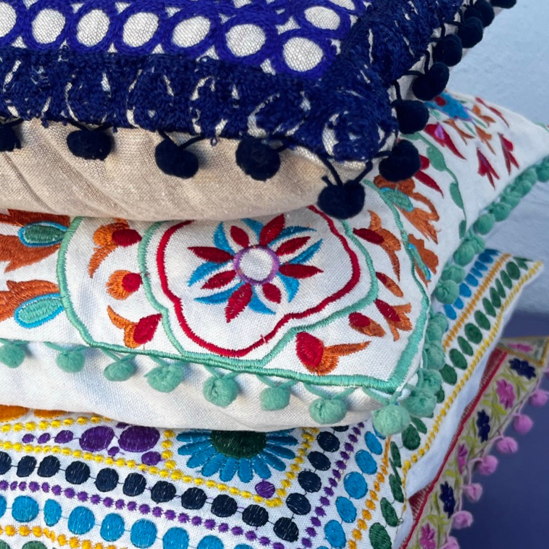 Embroidered Suzani Pom Pom Cushion Cover - Tulips