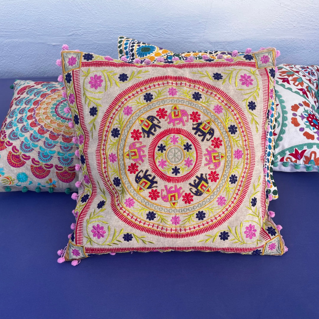 Embroidered Suzani Pom Pom Cushion Cover - Pink Elephants