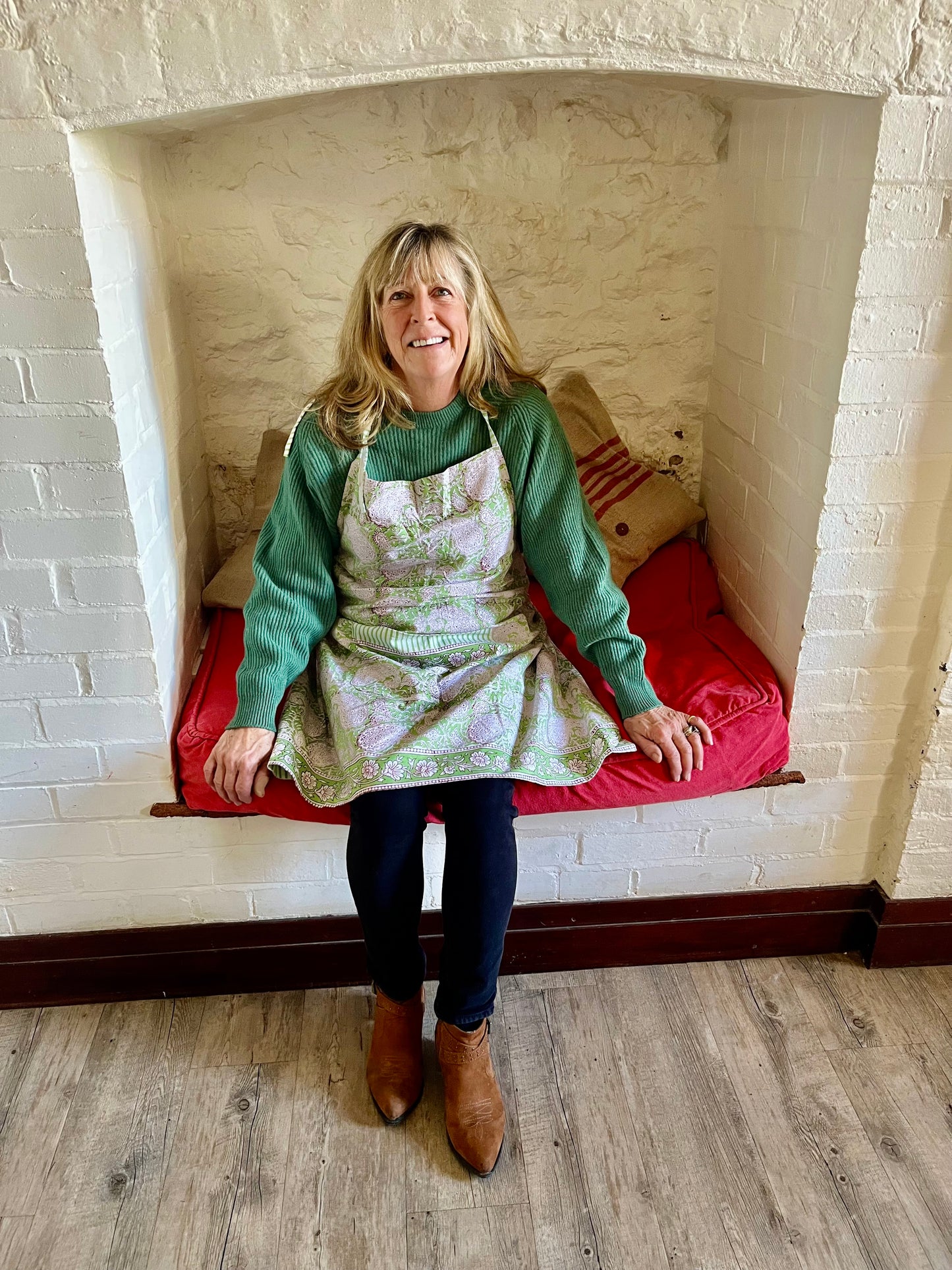 Adult Block Printed Green Paisley Apron