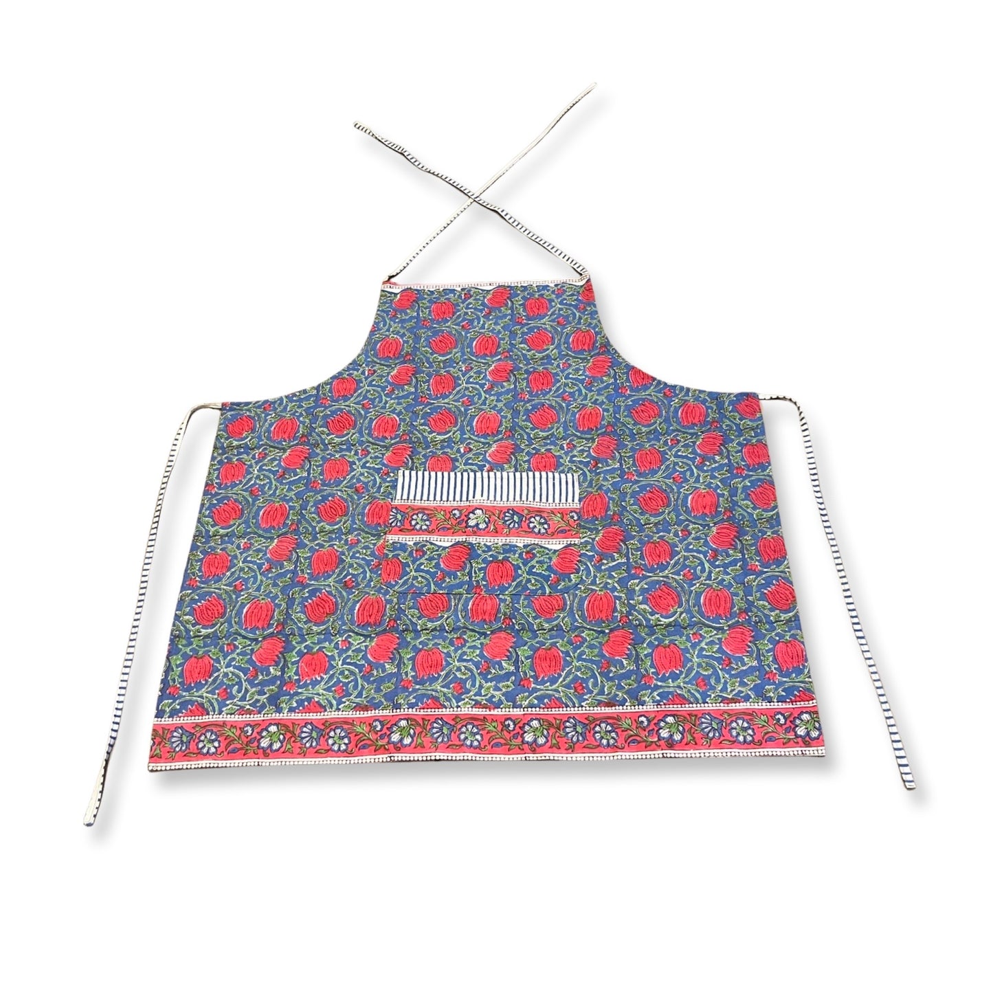 Adult Block Blue and Red Rose Print Apron