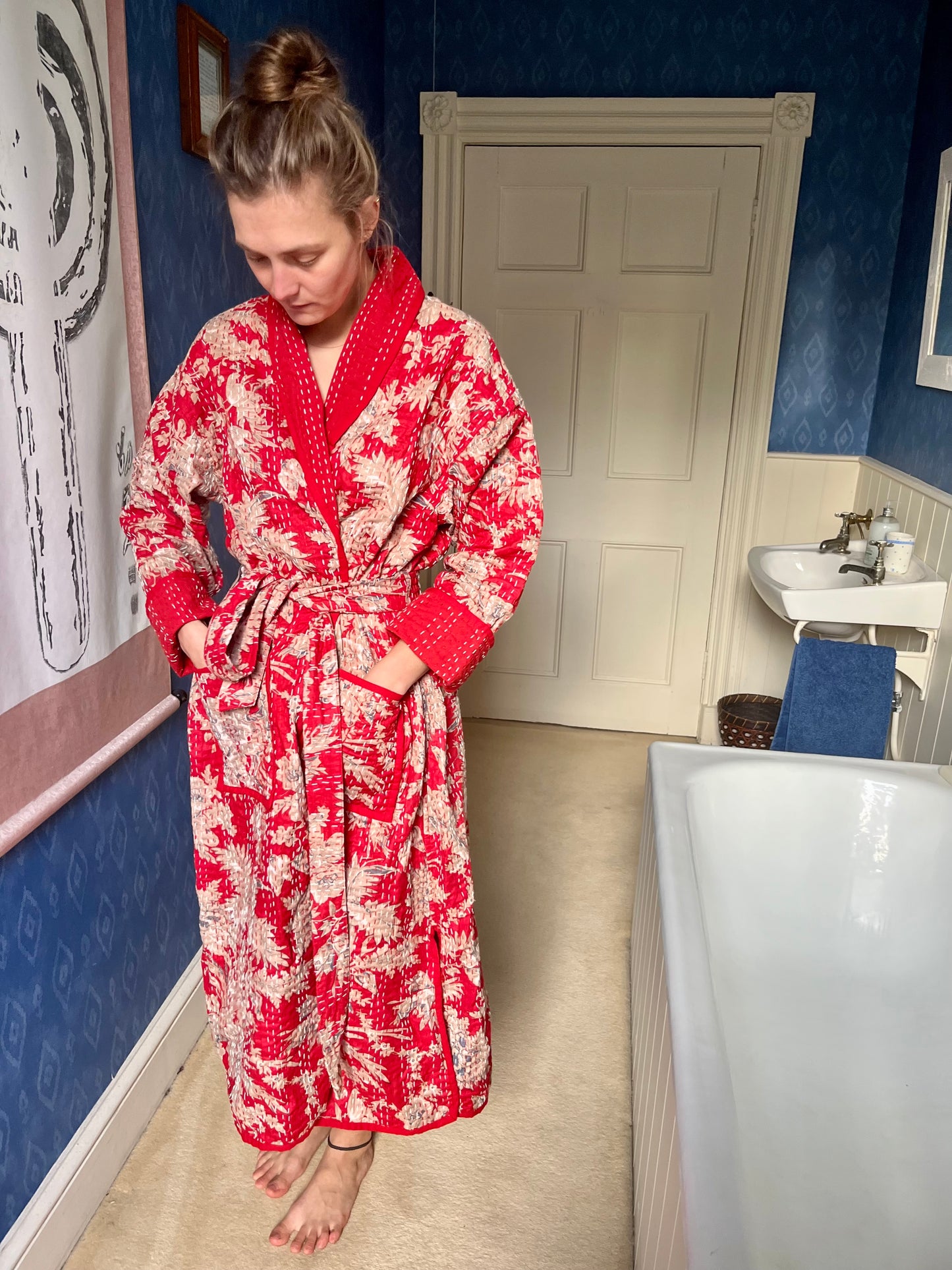Red Kantha Stitch Block Printed Dressing Gown