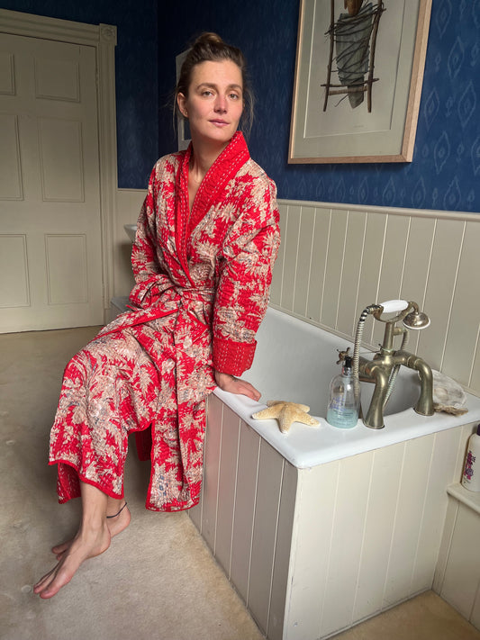 Red Kantha Stitch Block Printed Dressing Gown