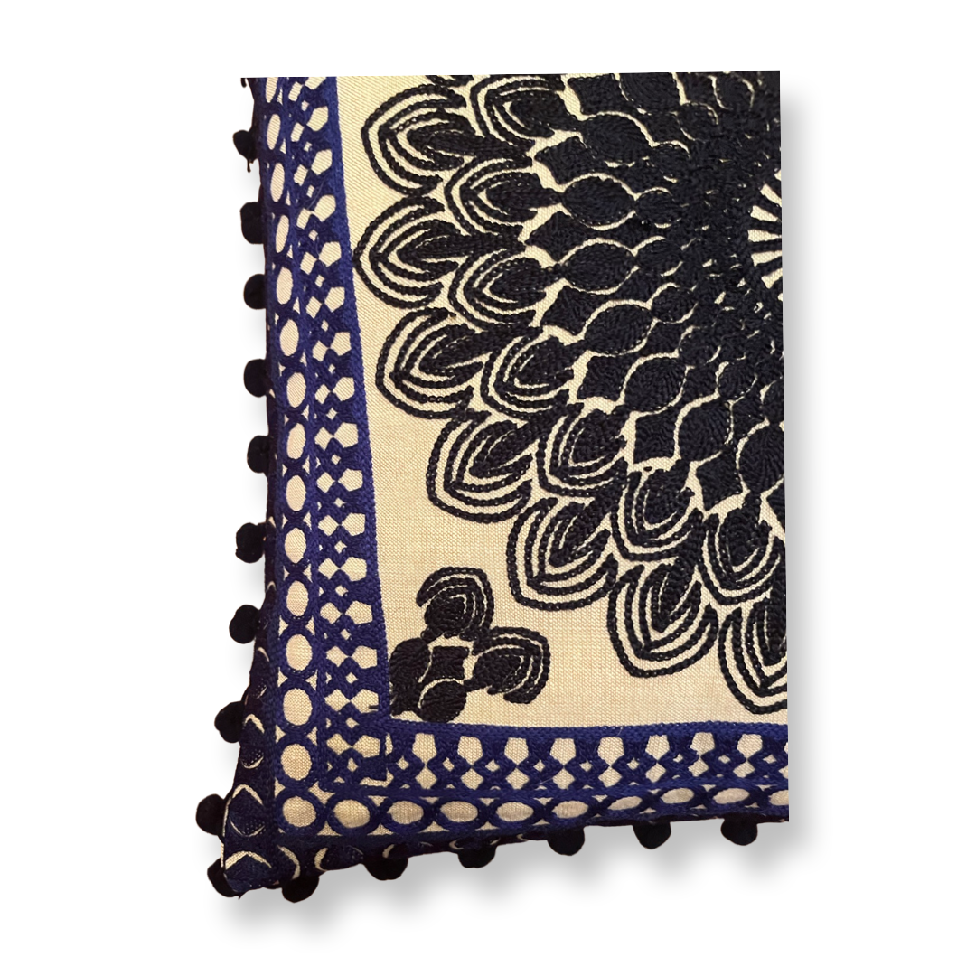 Embroidered Suzani Pom Pom Cushion Cover - Royal Blue
