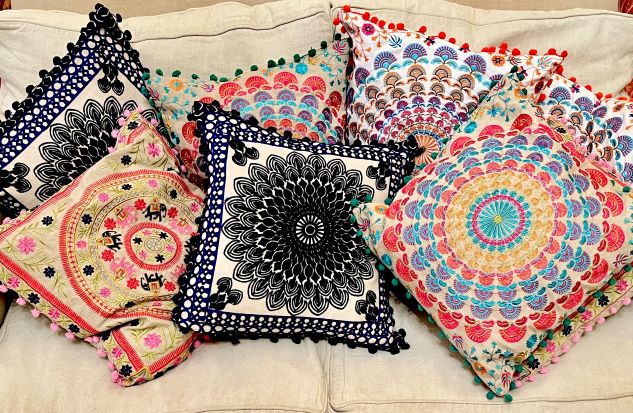 Embroidered Suzani Pom Pom Cushion Cover - Orange fans