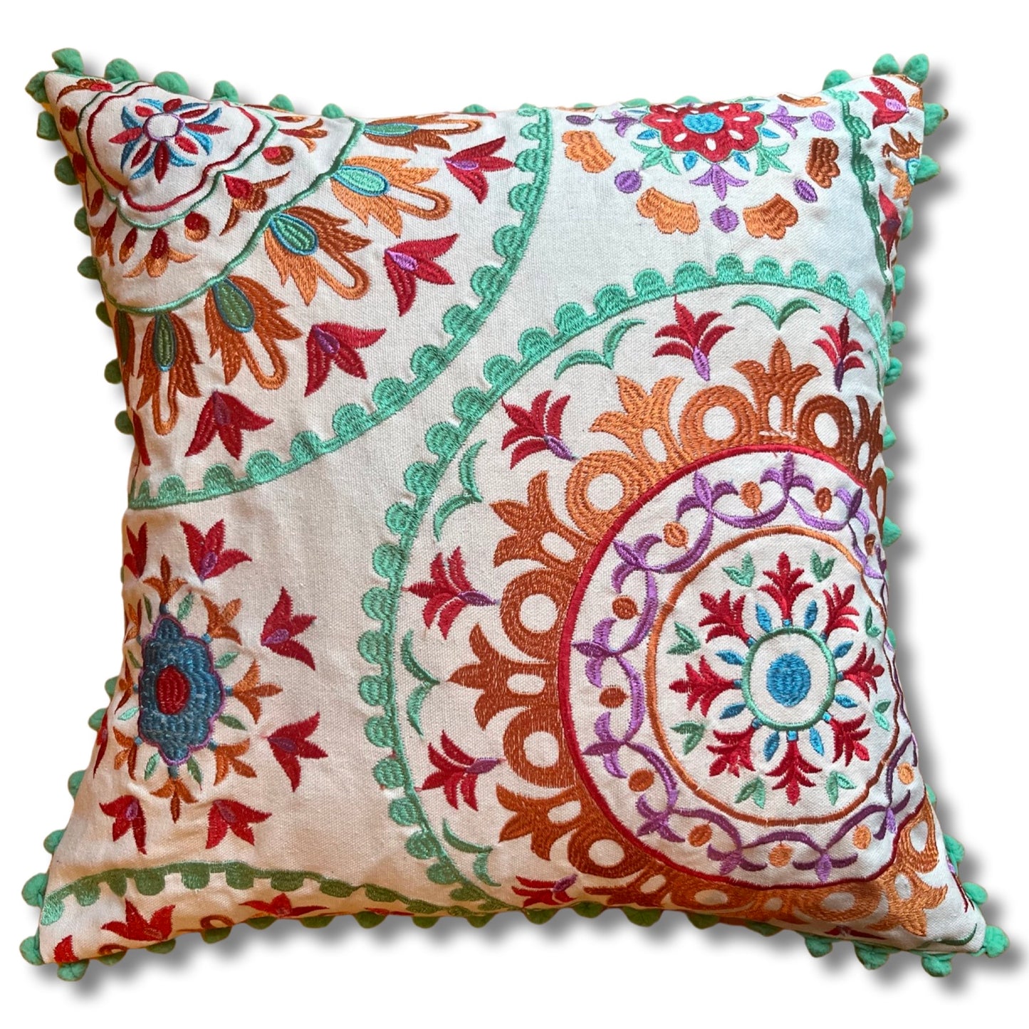 Embroidered Suzani Pom Pom Cushion Cover - Tulips