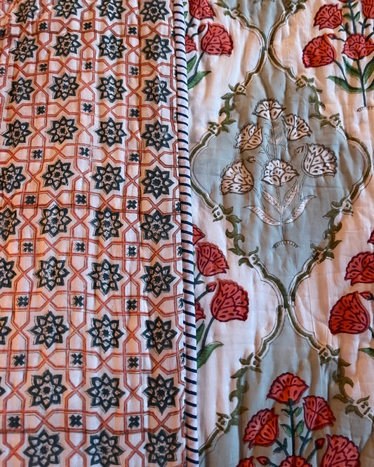 Roses & Stars Block Printed Super King Sized Quilt