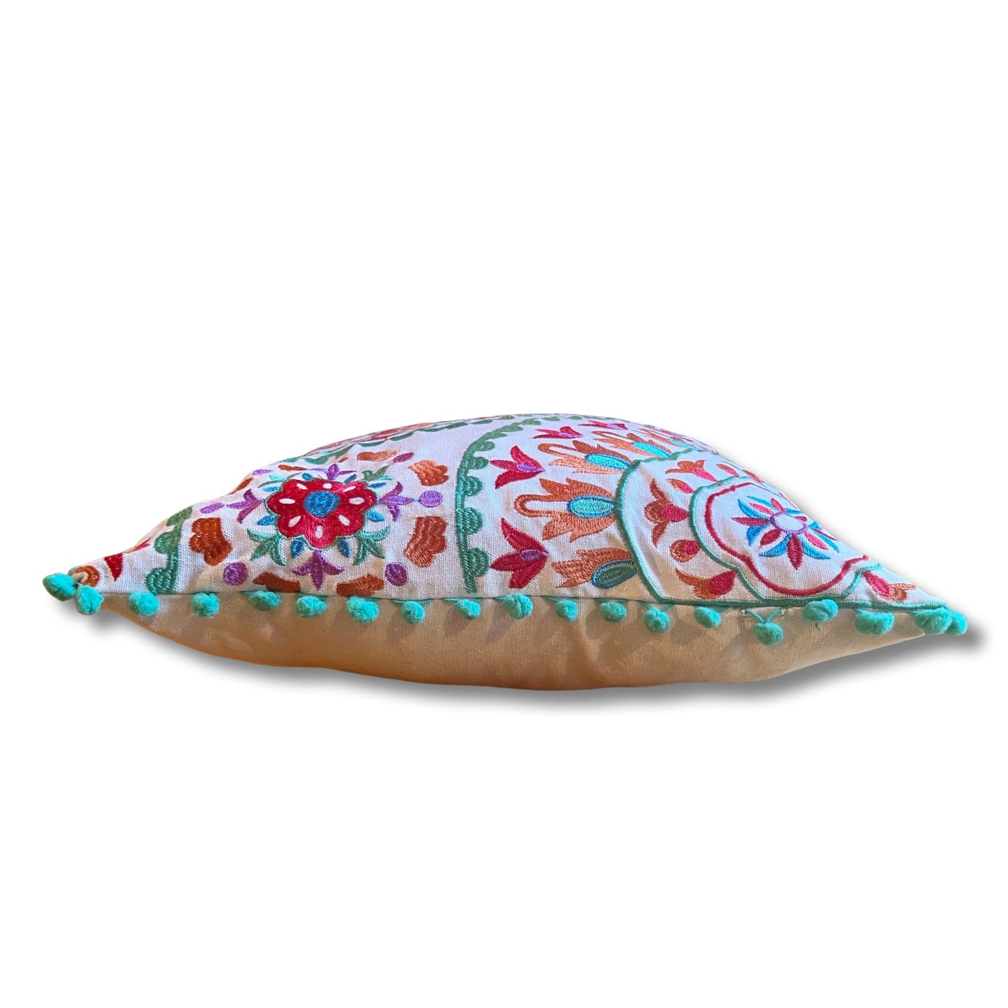 Embroidered Suzani Pom Pom Cushion Cover - Tulips