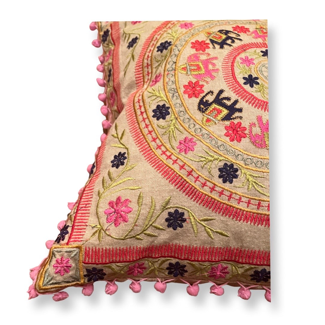 Embroidered Suzani Pom Pom Cushion Cover - Pink Elephants