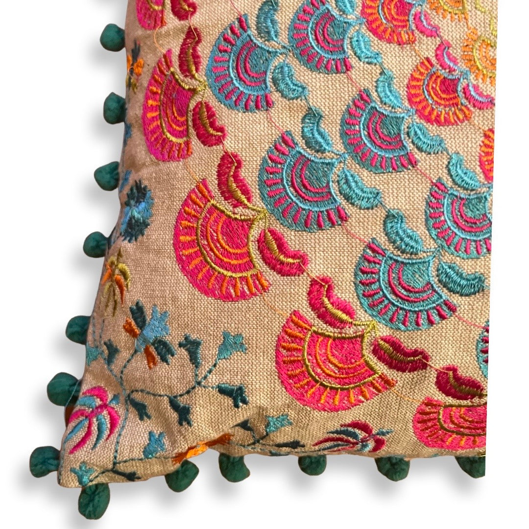 Embroidered Suzani Pom Pom Cushion Cover - Turquoise fans