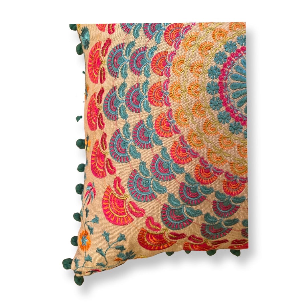 Embroidered Suzani Pom Pom Cushion Cover - Turquoise fans