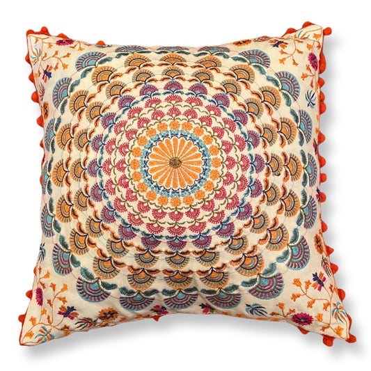 Embroidered Suzani Pom Pom Cushion Cover - Orange fans