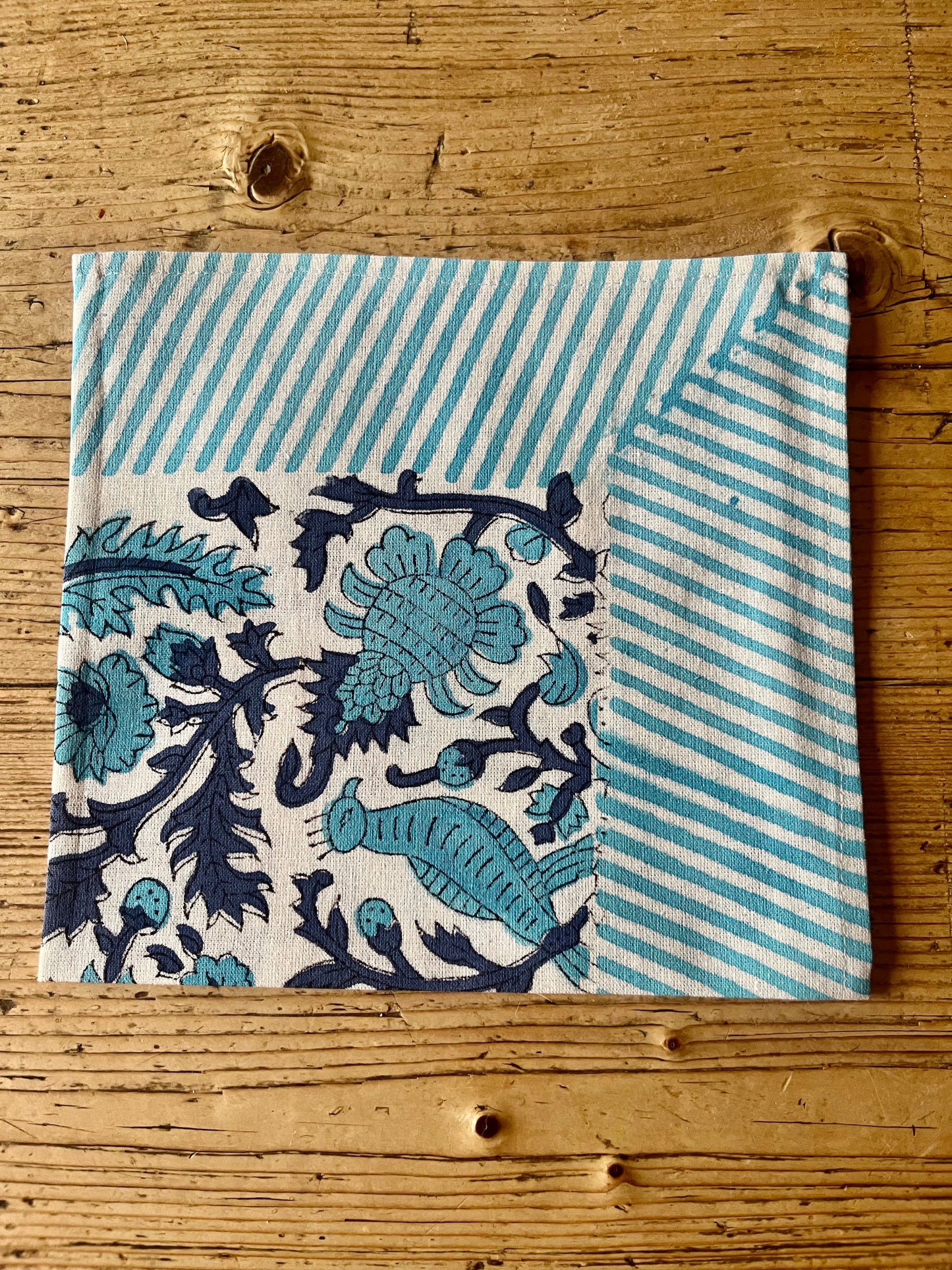 Hand Block Printed Napkins Turquoise Peacocks