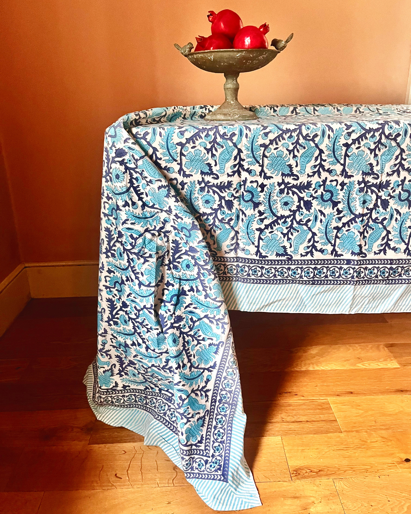 Hand Block Printed Tablecloths Turquoise Peacocks