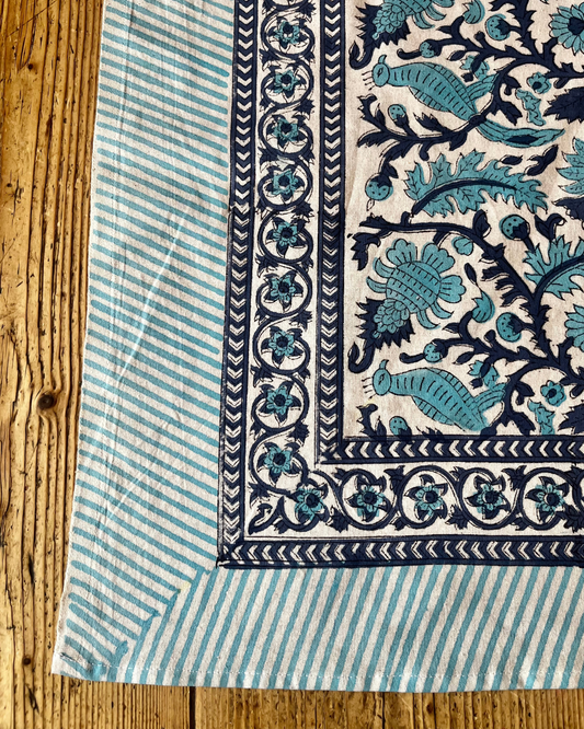Hand Block Printed Tablecloths Turquoise Peacocks