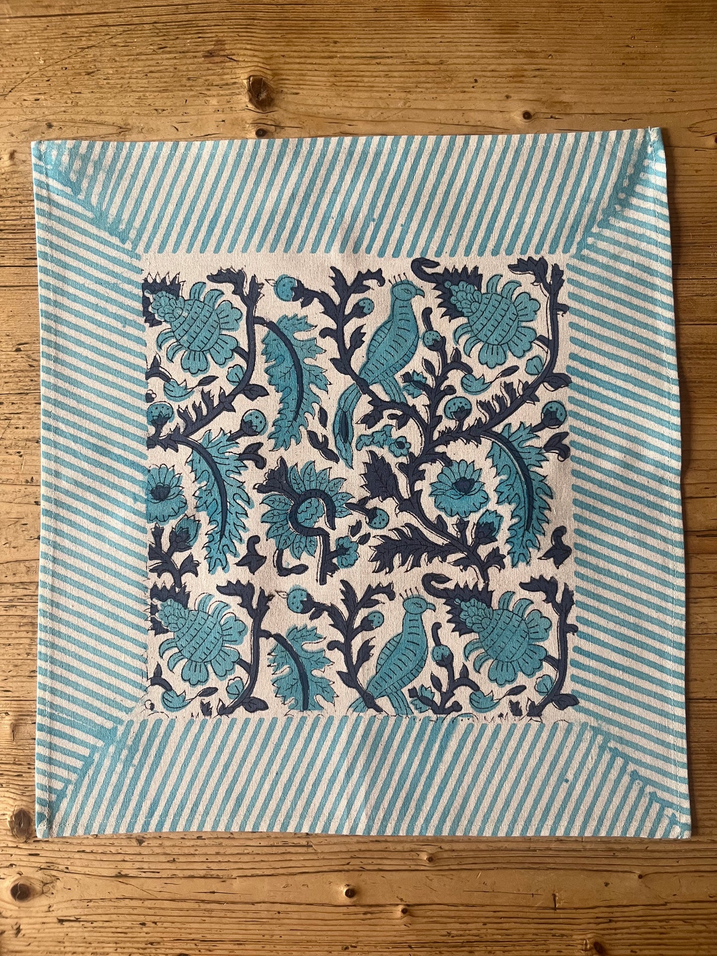 Hand Block Printed Napkins Turquoise Peacocks