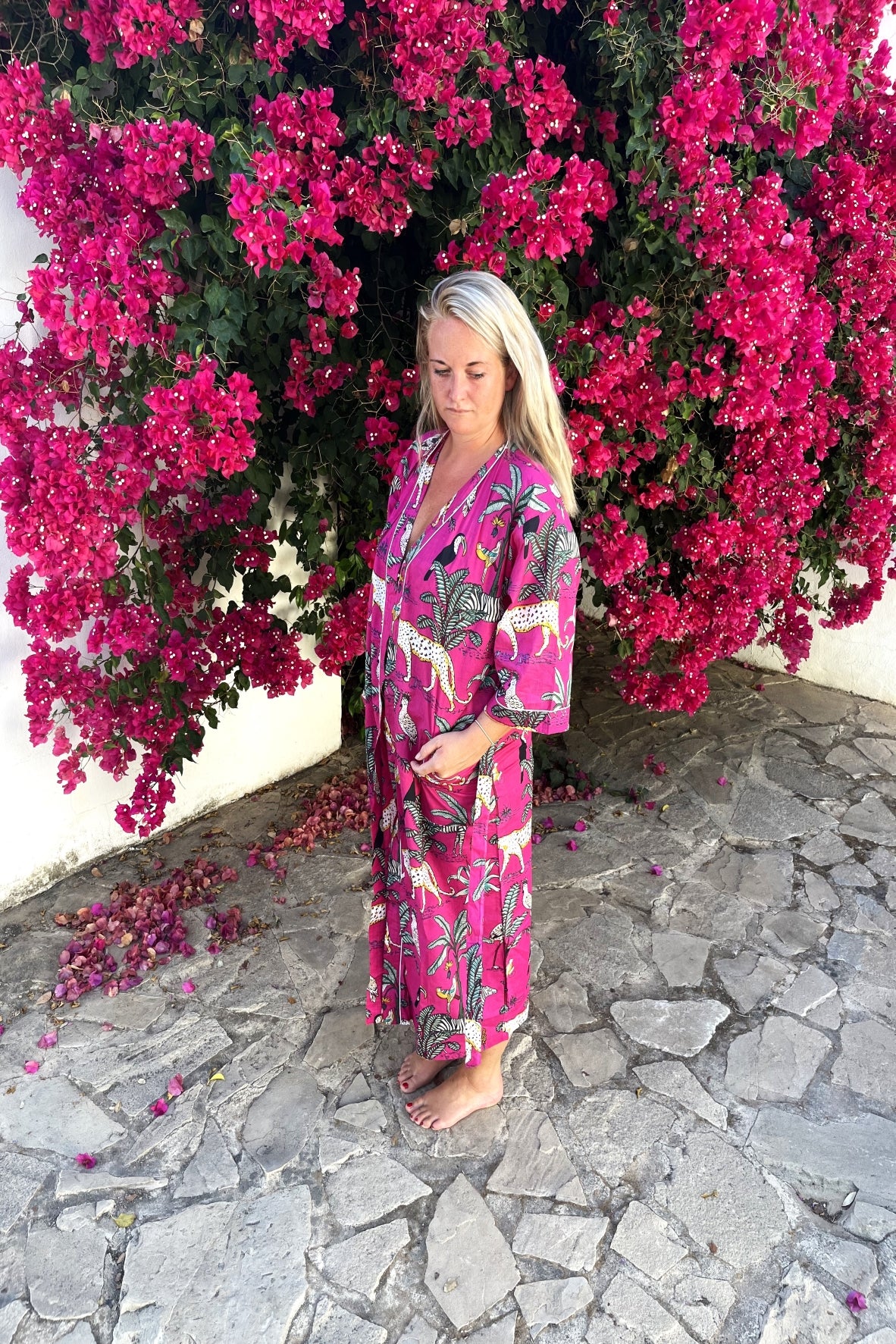 Fuchsia Pink Kimono Style Cotton Gown