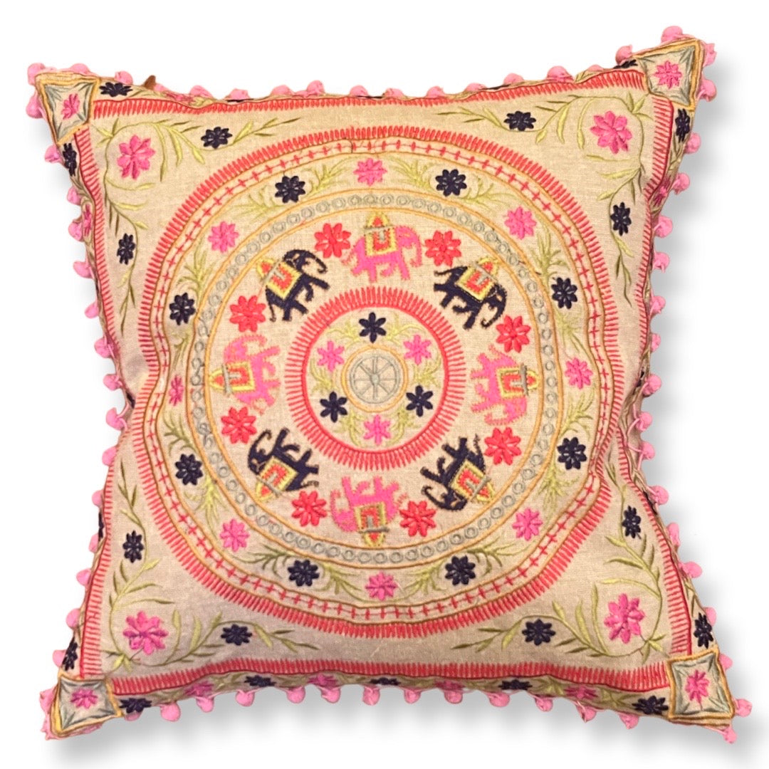 Embroidered Suzani Pom Pom Cushion Cover - Pink Elephants