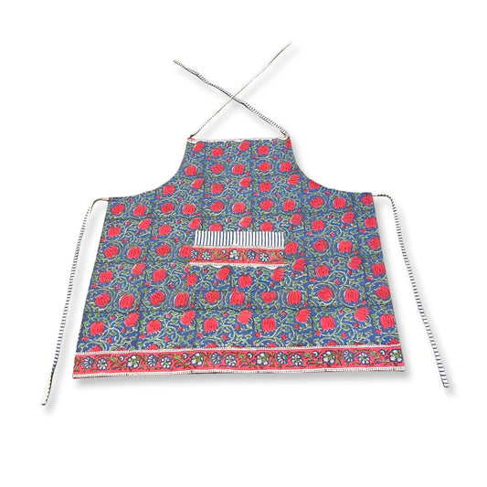 Adult Block Blue and Red Rose Print Apron