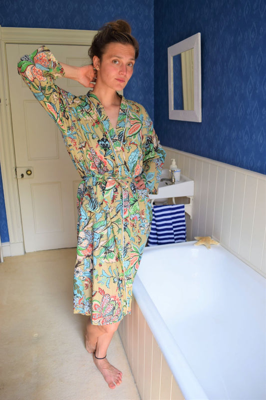 Cotton kimono style bathrobe dressing gown