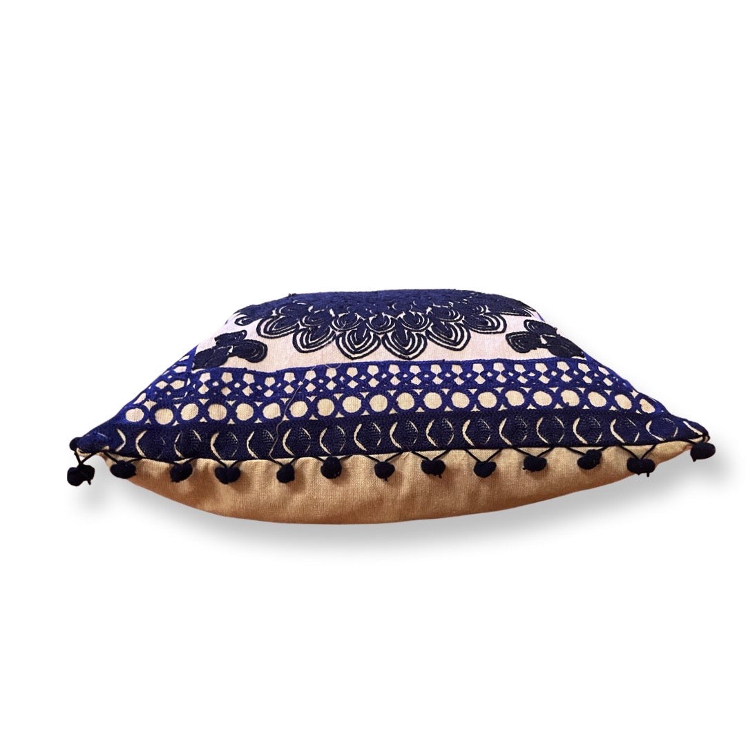 Embroidered Suzani Pom Pom Cushion Cover - Royal Blue