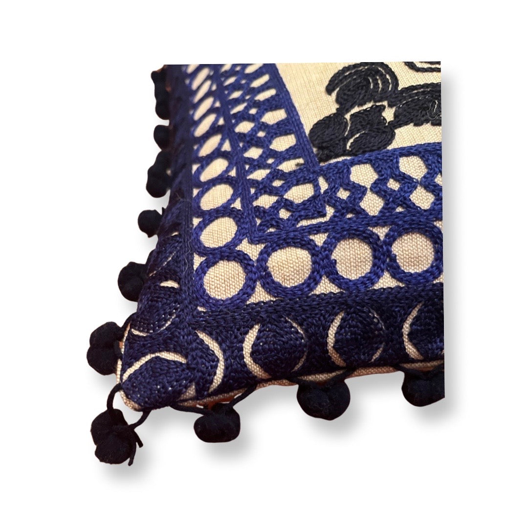 Embroidered Suzani Pom Pom Cushion Cover - Royal Blue