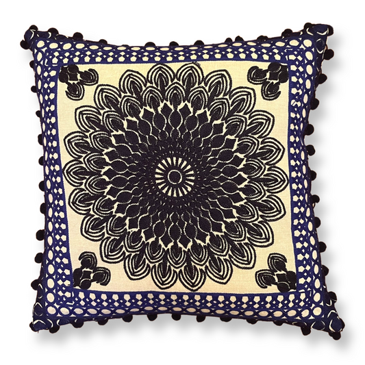Embroidered Suzani Pom Pom Cushion Cover - Royal Blue