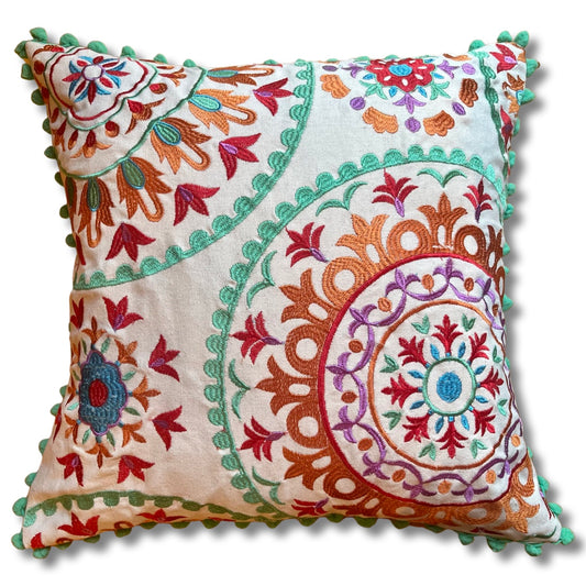 Embroidered Suzani Pom Pom Cushion Cover - Tulips