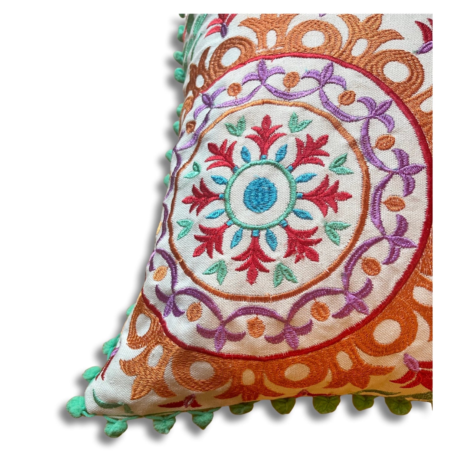 Embroidered Suzani Pom Pom Cushion Cover - Tulips