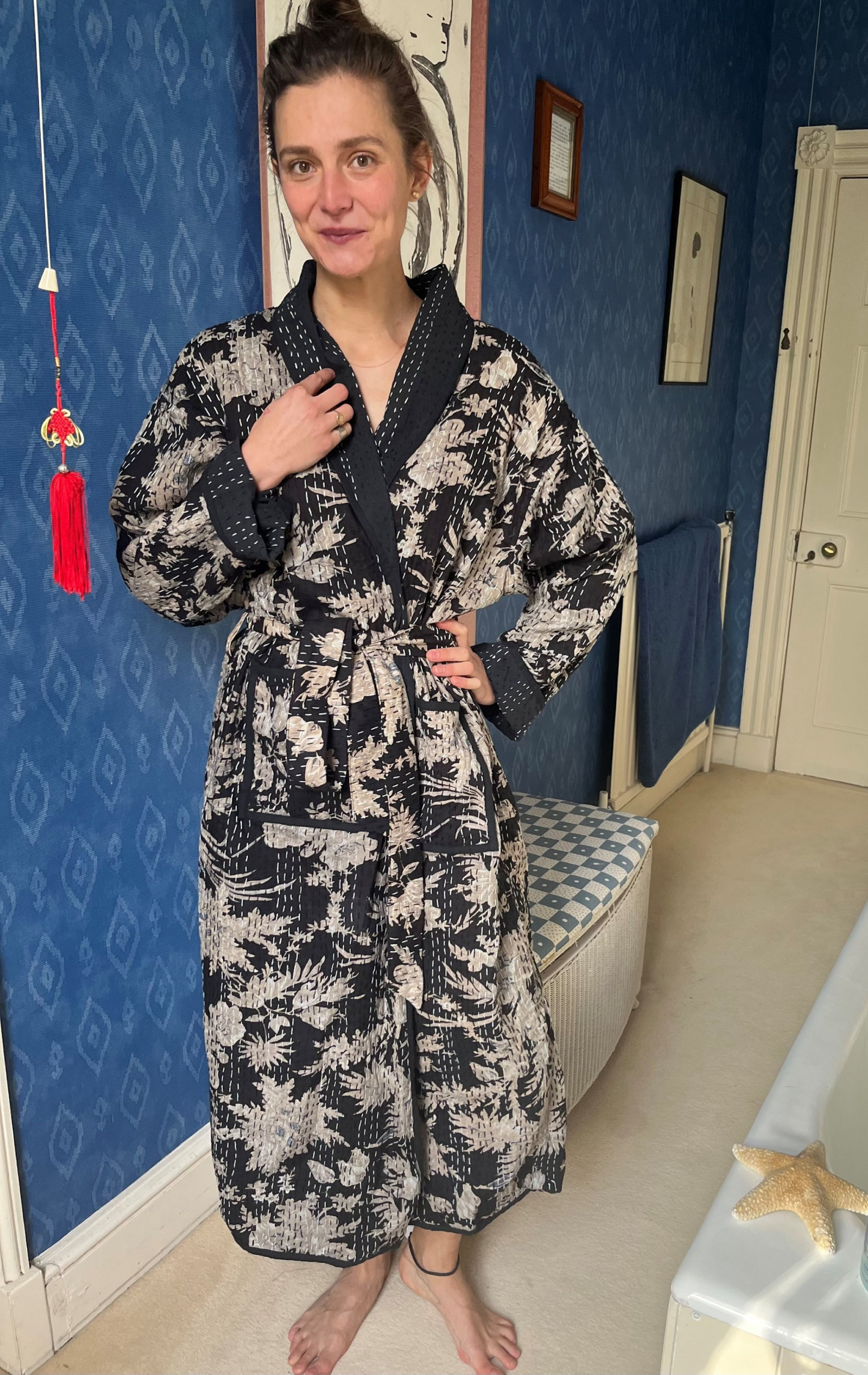 Black Kantha Stitch Block Printed Dressing Gown