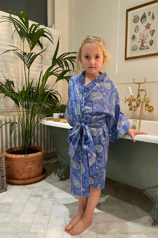 Blue Paisley Kimono Style Kids Dressing Gown