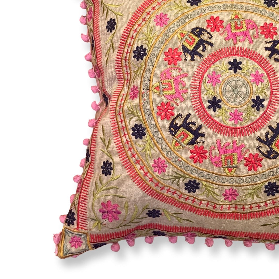 Embroidered Suzani Pom Pom Cushion Cover - Pink Elephants