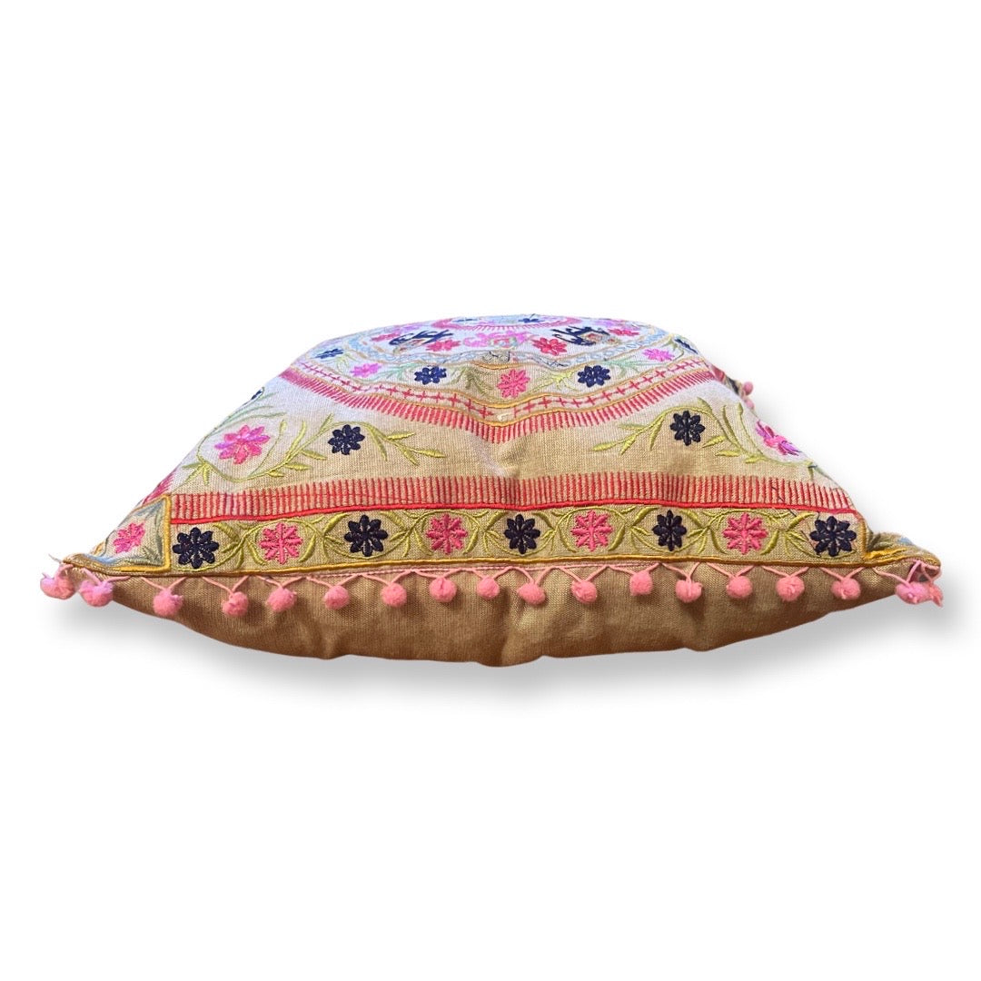 Embroidered Suzani Pom Pom Cushion Cover - Pink Elephants