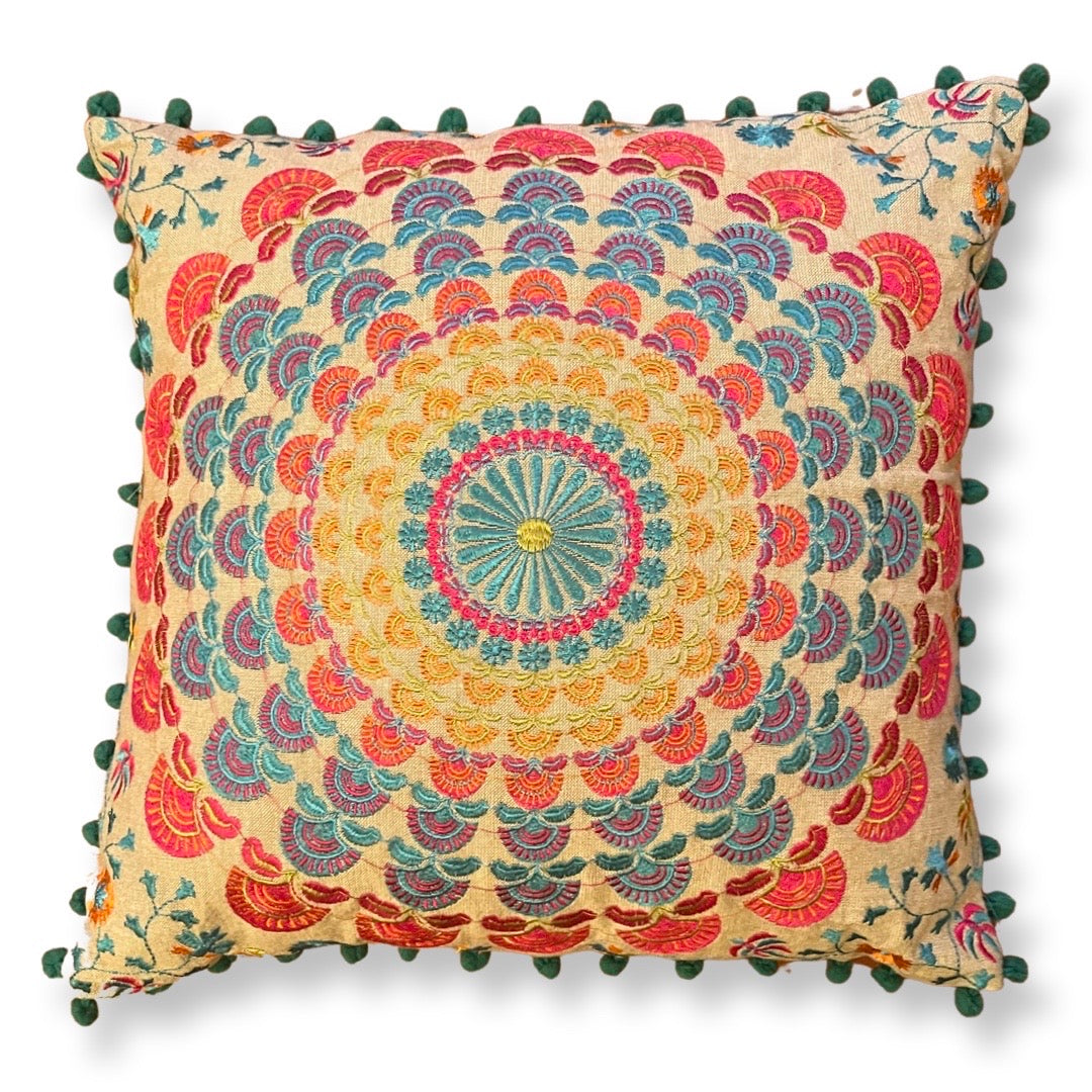 Embroidered Suzani Pom Pom Cushion Cover - Turquoise fans