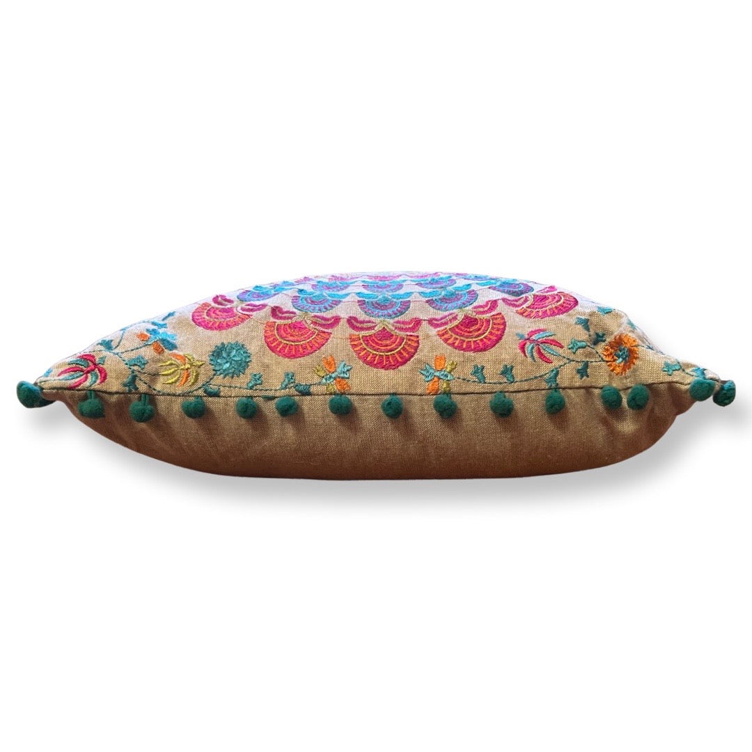 Embroidered Suzani Pom Pom Cushion Cover - Turquoise fans