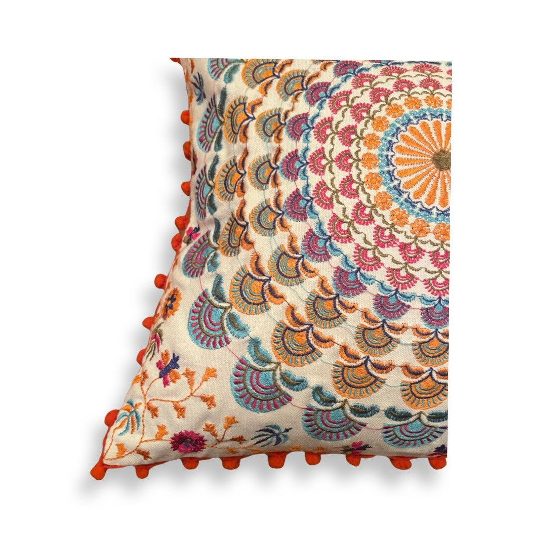 Embroidered Suzani Pom Pom Cushion Cover - Orange fans