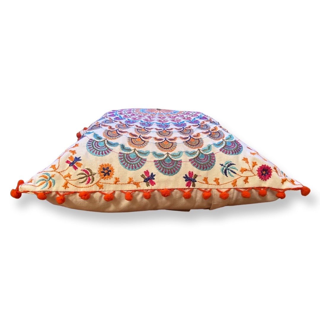 Embroidered Suzani Pom Pom Cushion Cover - Orange fans