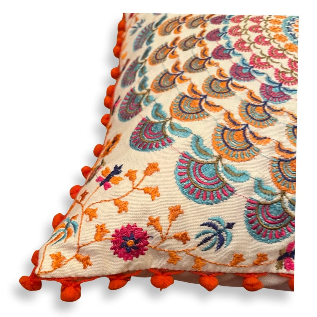 Embroidered Suzani Pom Pom Cushion Cover - Orange fans